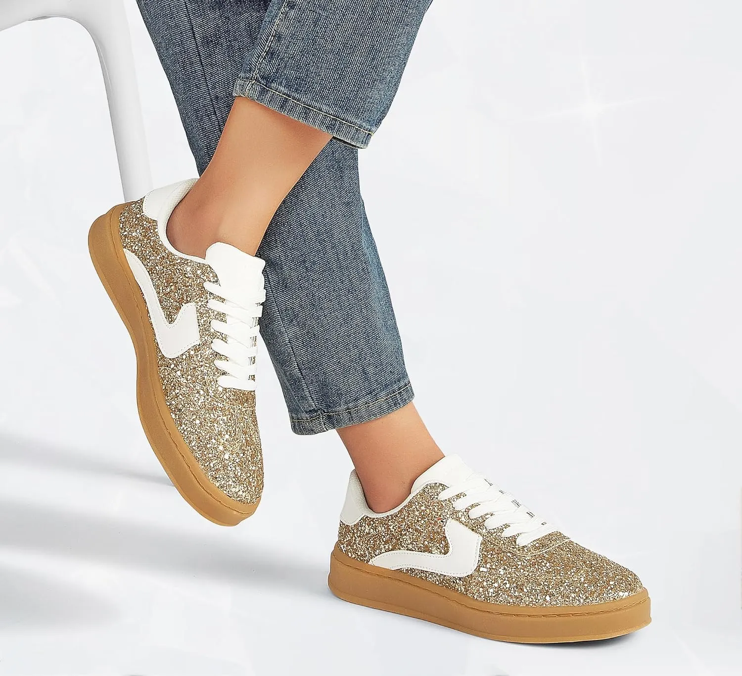 LUCKY STEP Women's Glitter Sneakers Fashion Retro Casual Sparkly Bling Shiny Dressy Bedazzled Bridal Wedding Anti Slip Walking Shoes