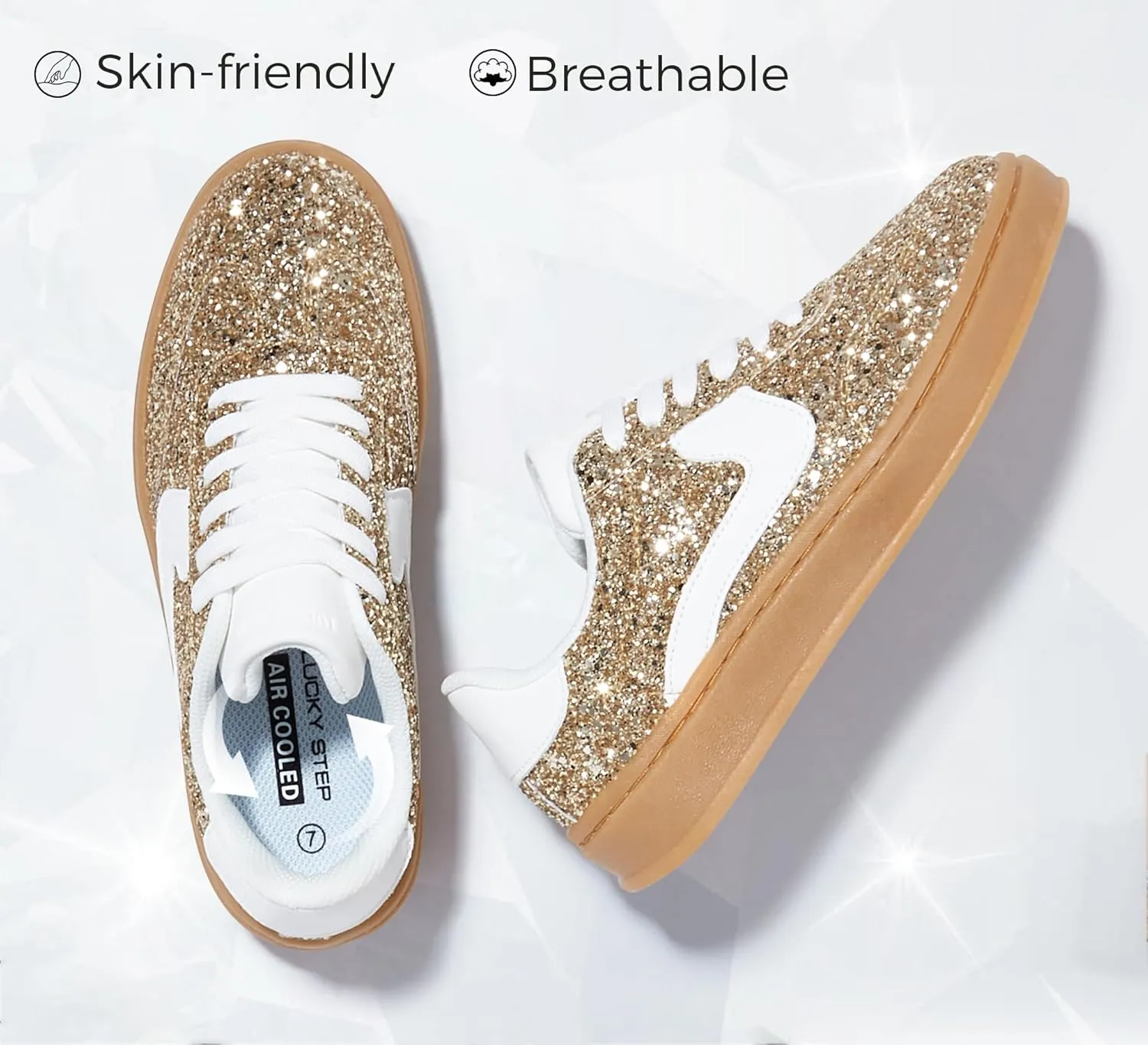 LUCKY STEP Women's Glitter Sneakers Fashion Retro Casual Sparkly Bling Shiny Dressy Bedazzled Bridal Wedding Anti Slip Walking Shoes