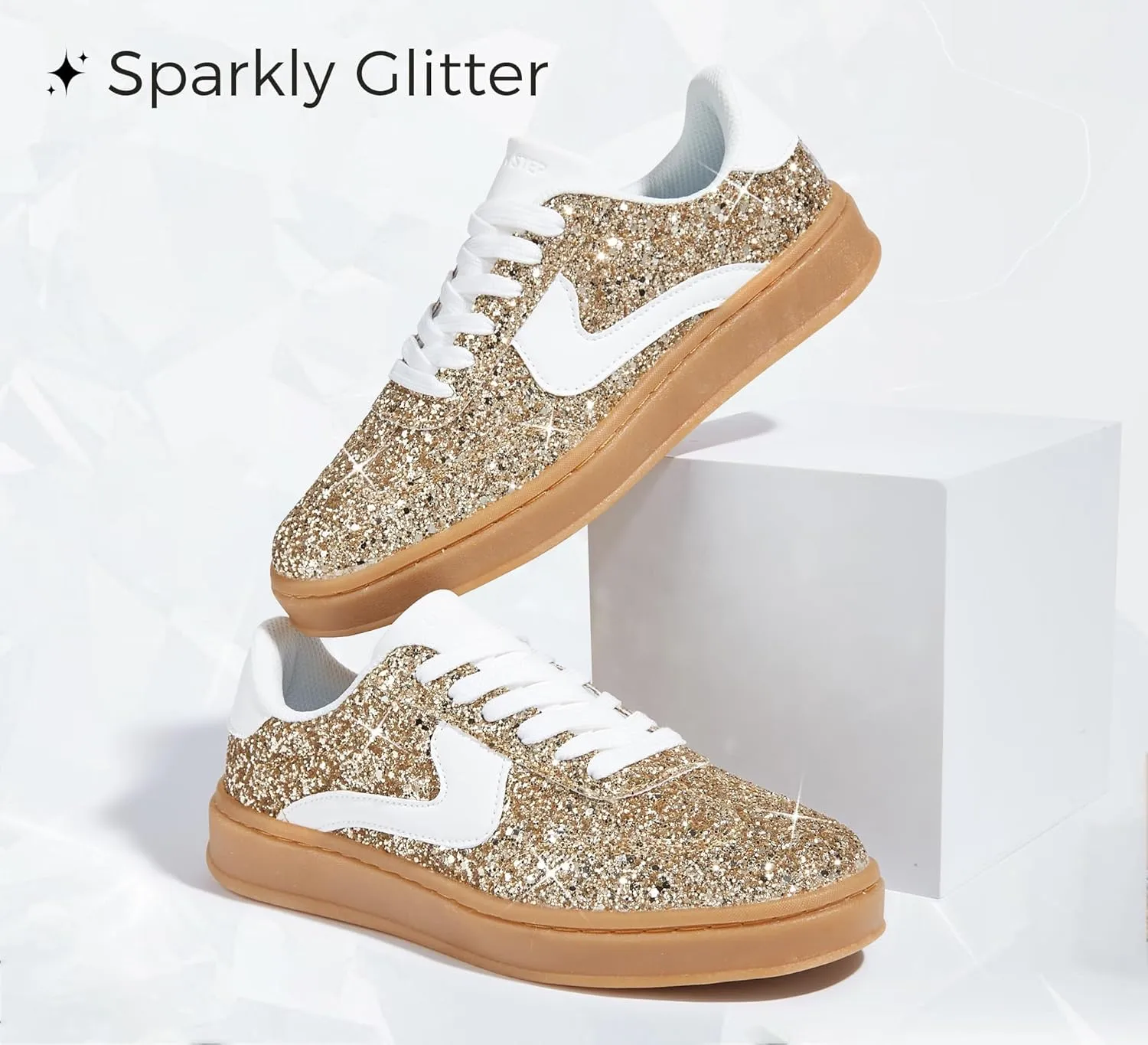 LUCKY STEP Women's Glitter Sneakers Fashion Retro Casual Sparkly Bling Shiny Dressy Bedazzled Bridal Wedding Anti Slip Walking Shoes