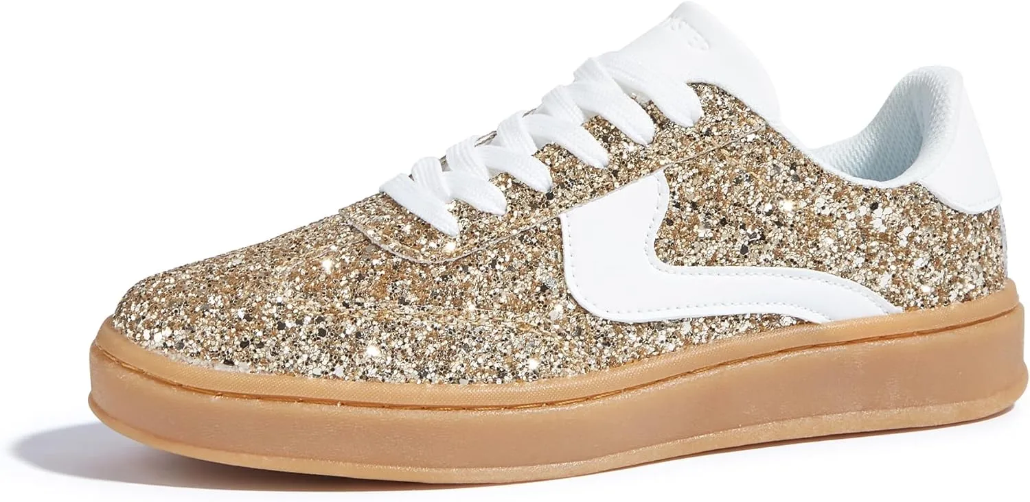 LUCKY STEP Women's Glitter Sneakers Fashion Retro Casual Sparkly Bling Shiny Dressy Bedazzled Bridal Wedding Anti Slip Walking Shoes