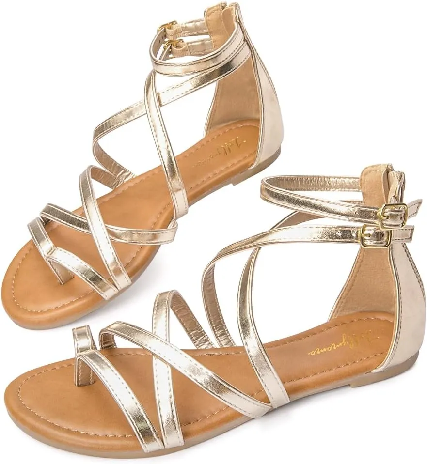 Luffymomo Women's Gladiator Strap Sandals Flat Fisherman Thong Cross Strappy Sandals