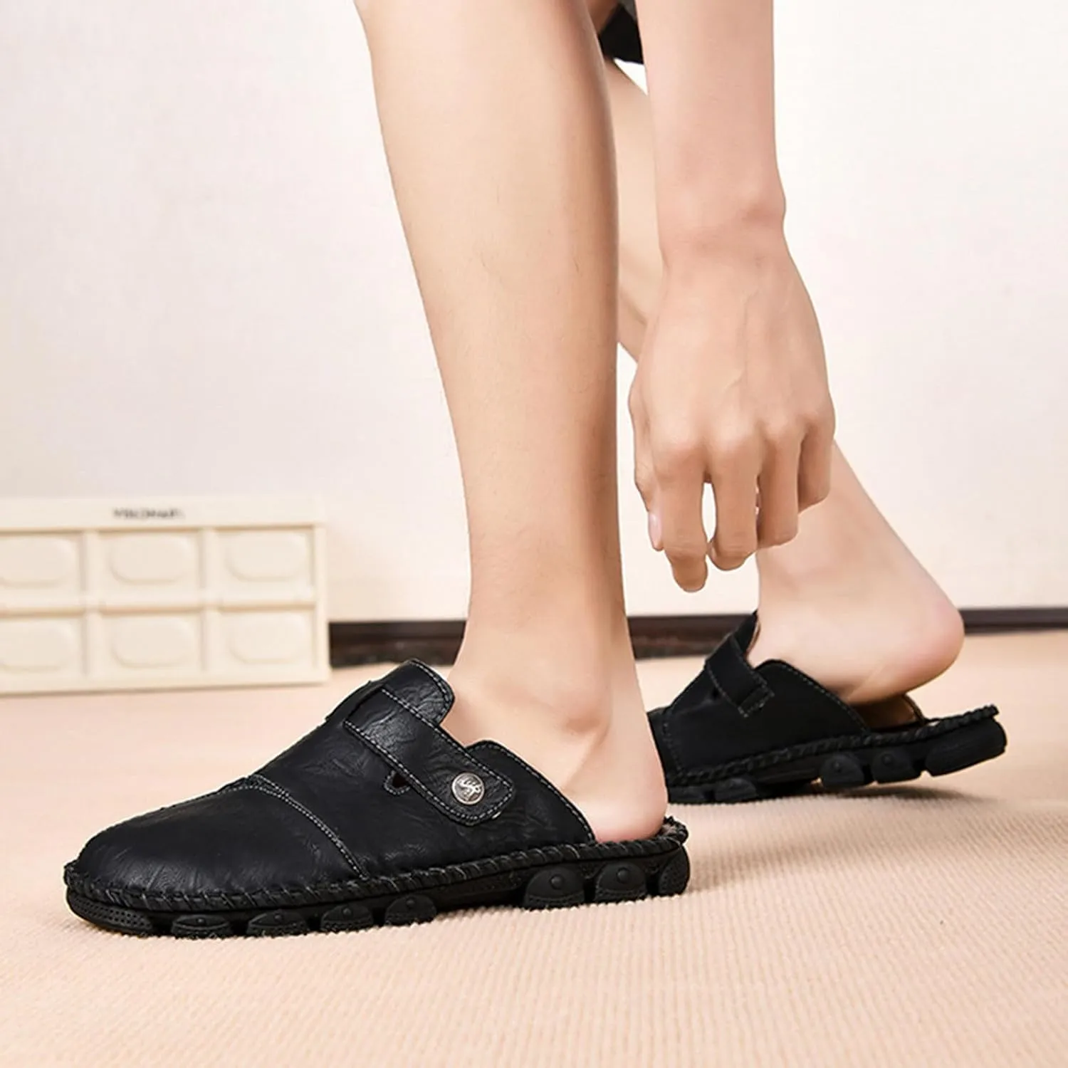 Mens Faux Leather Mules Arch Support Lug Sole Athletic Sandals Comfortable Close Toe Slip-on Roman Non Slip Slides
