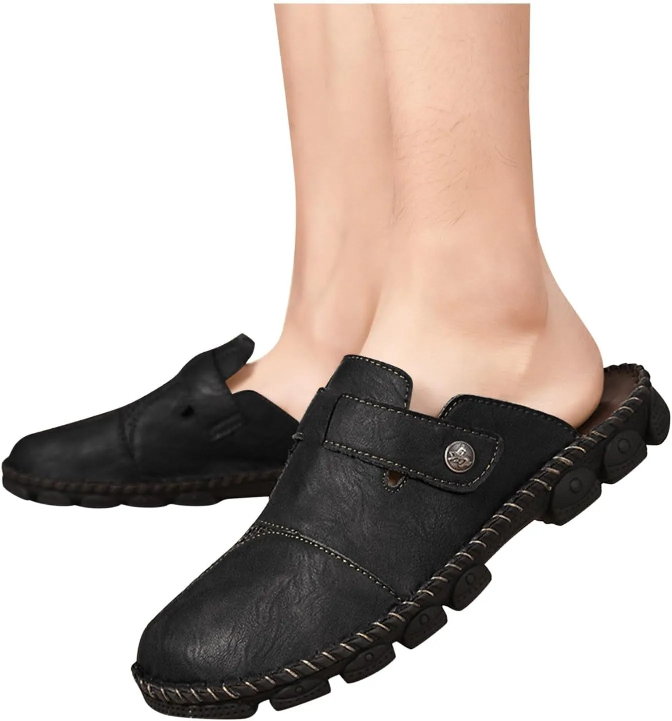 Mens Faux Leather Mules Arch Support Lug Sole Athletic Sandals Comfortable Close Toe Slip-on Roman Non Slip Slides
