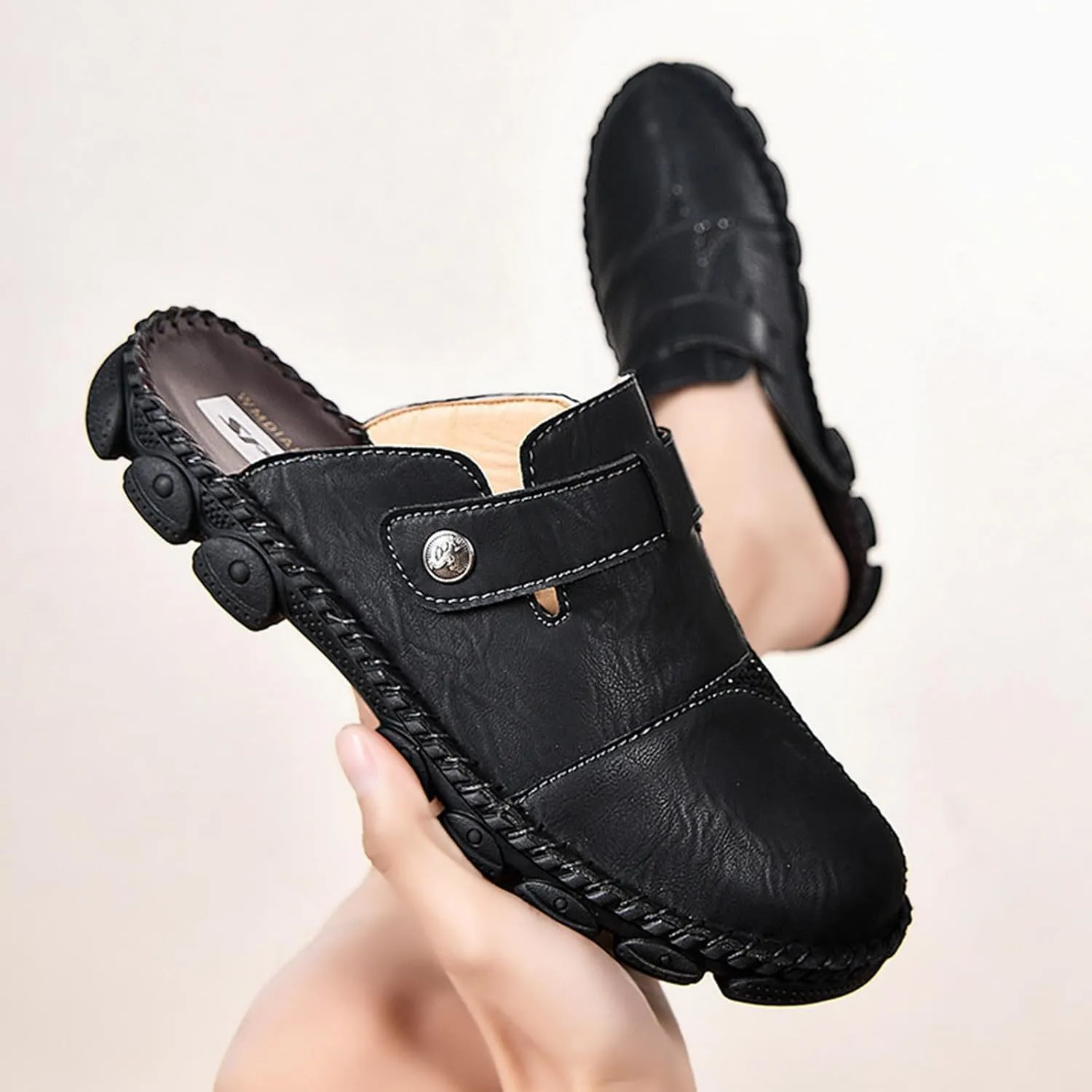 Mens Faux Leather Mules Arch Support Lug Sole Athletic Sandals Comfortable Close Toe Slip-on Roman Non Slip Slides