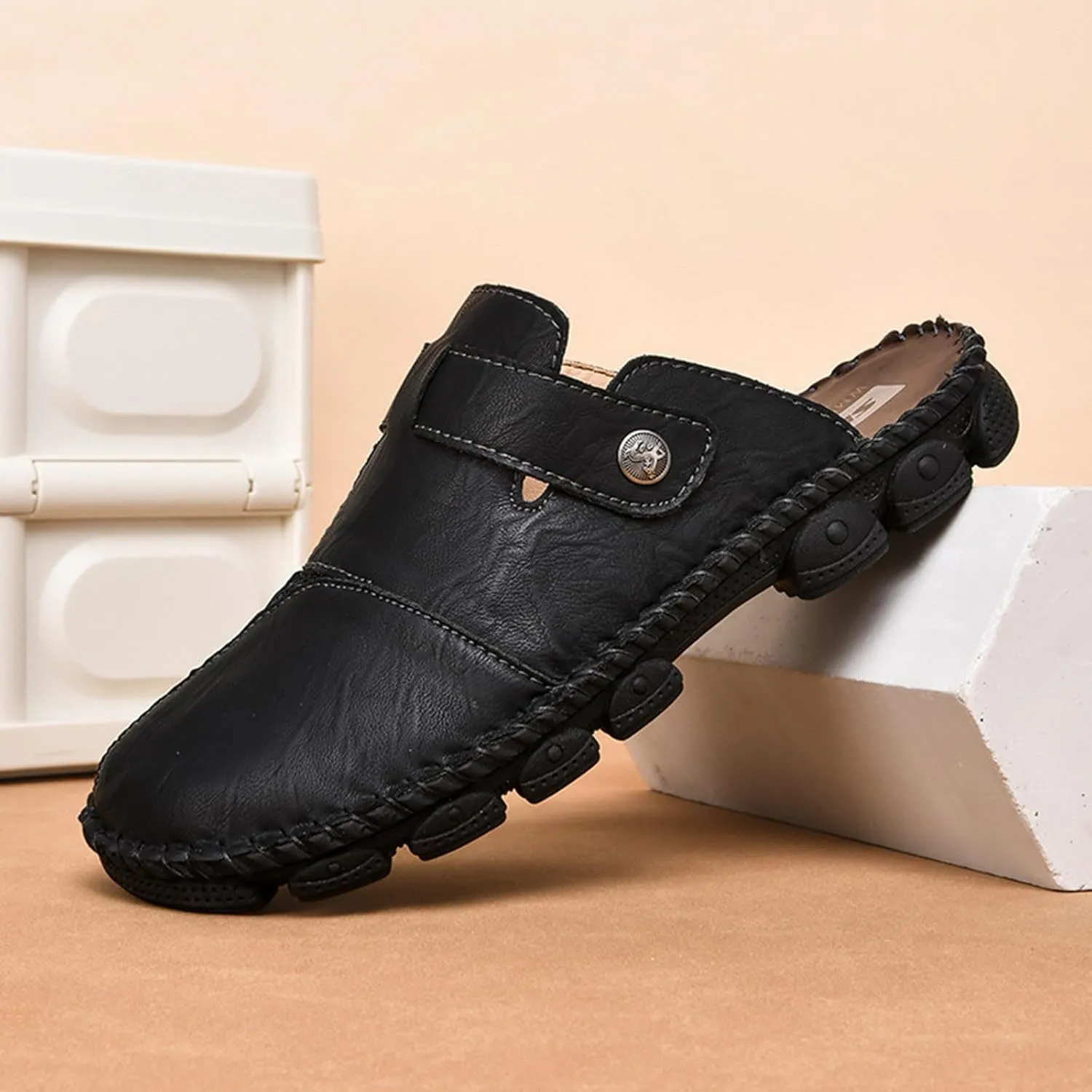 Mens Faux Leather Mules Arch Support Lug Sole Athletic Sandals Comfortable Close Toe Slip-on Roman Non Slip Slides