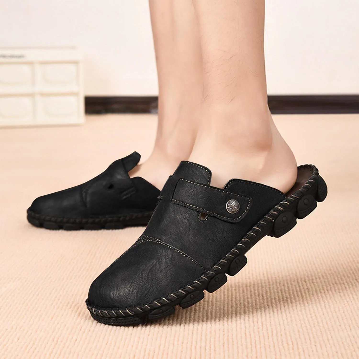 Mens Faux Leather Mules Arch Support Lug Sole Athletic Sandals Comfortable Close Toe Slip-on Roman Non Slip Slides