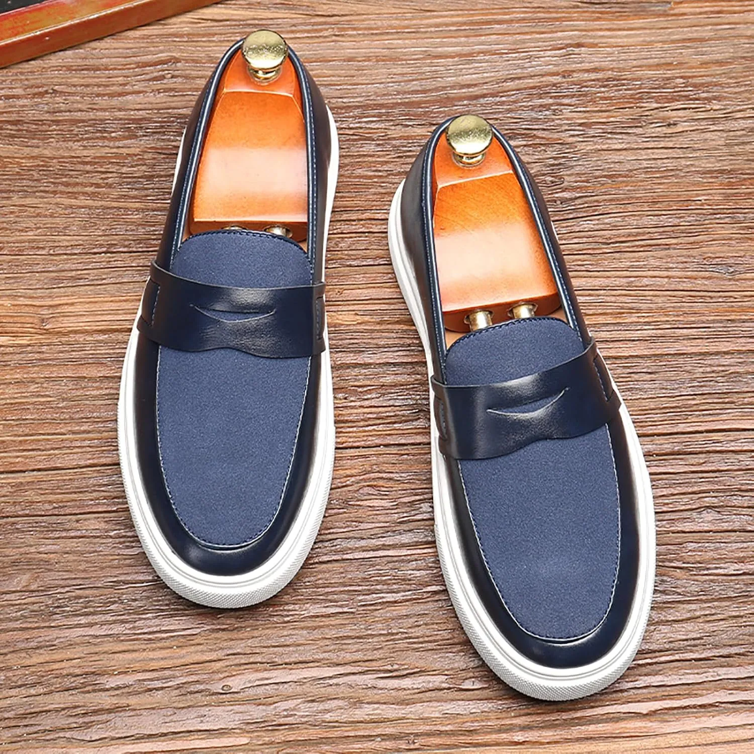 Men's Genuine Leather Splicing Slip-On Loafers Lightweight Non-Slip Driving Shoes Breathable Boat Sneakers for Walking Travel Office