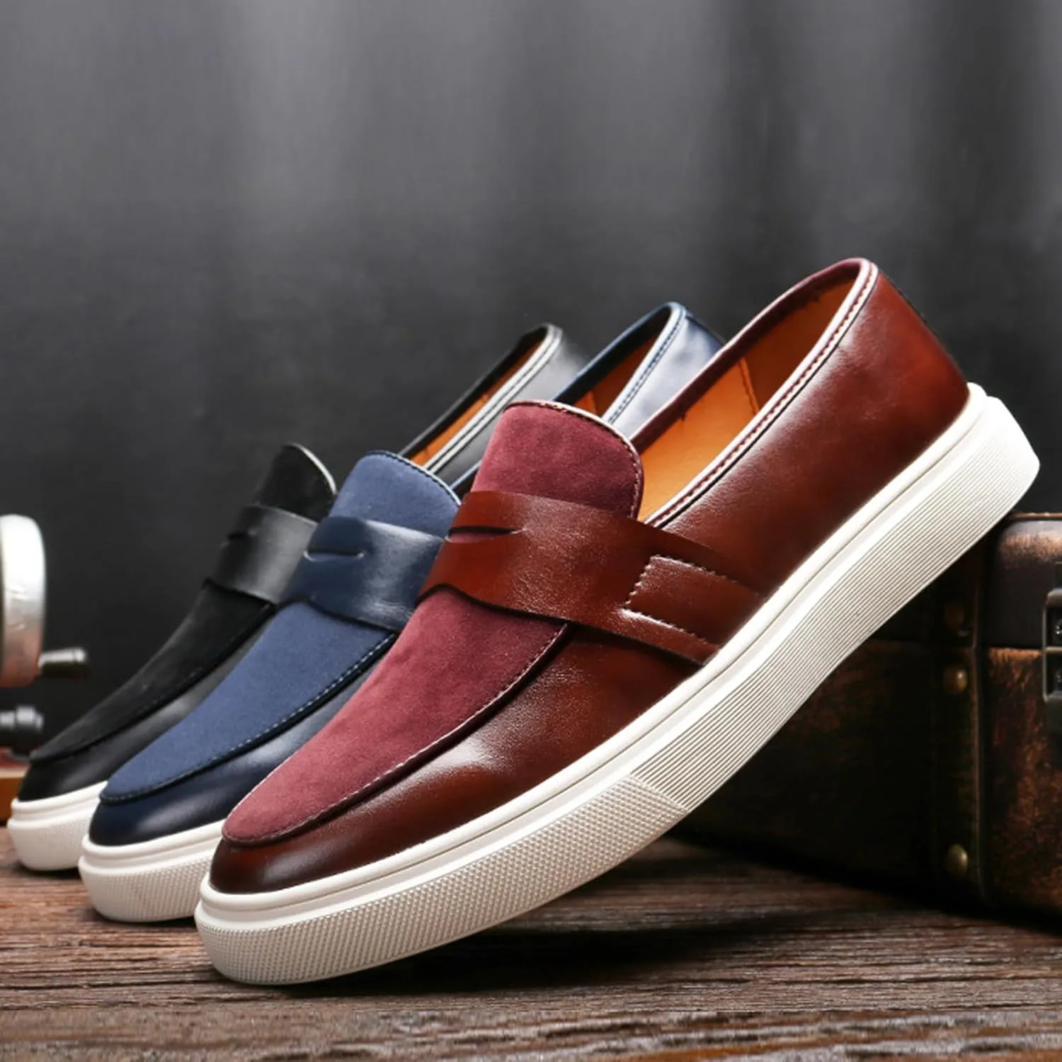 Men's Genuine Leather Splicing Slip-On Loafers Lightweight Non-Slip Driving Shoes Breathable Boat Sneakers for Walking Travel Office