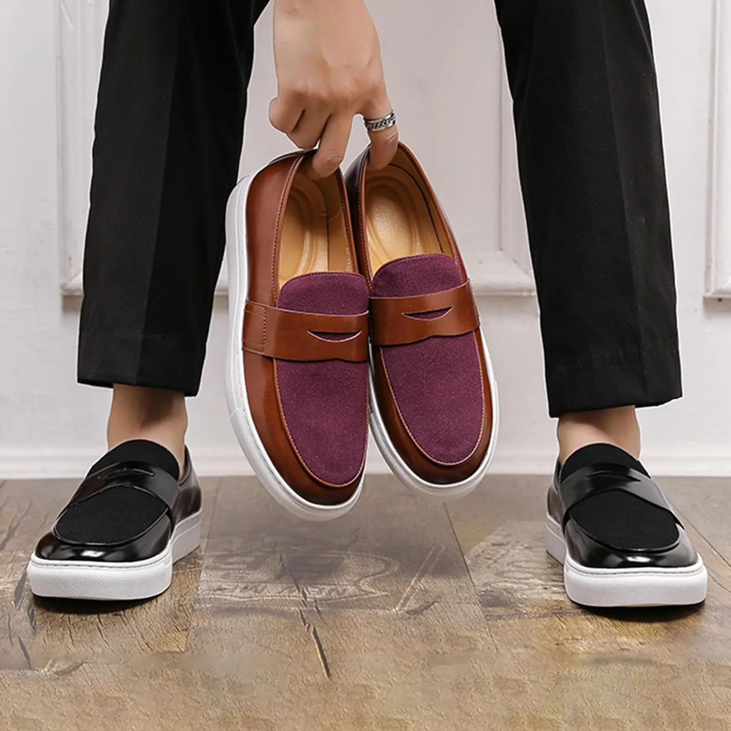 Men's Genuine Leather Splicing Slip-On Loafers Lightweight Non-Slip Driving Shoes Breathable Boat Sneakers for Walking Travel Office