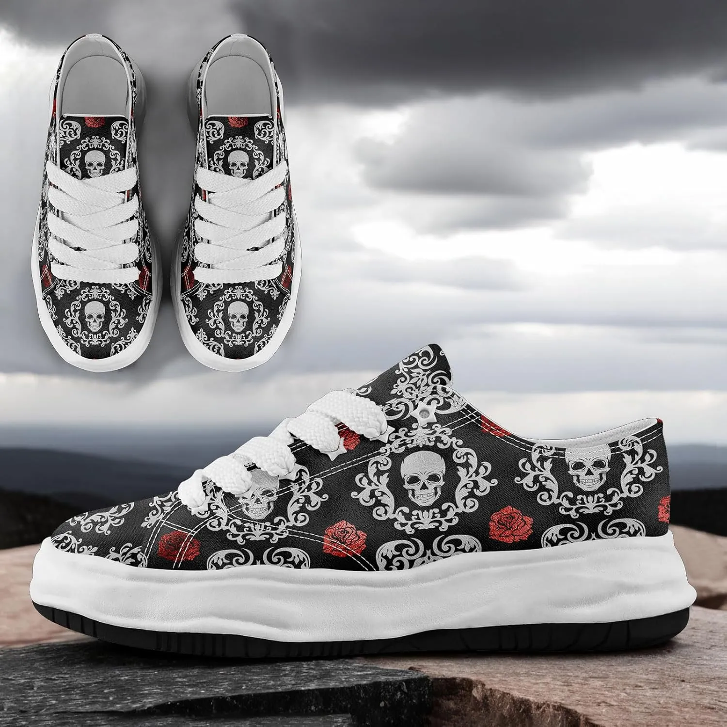 Men's Gothic Skull Fashion Sneakers Casual Skateboarding Canvas Shoes for Women Streetwear Trendy Comfort Walking Shoes