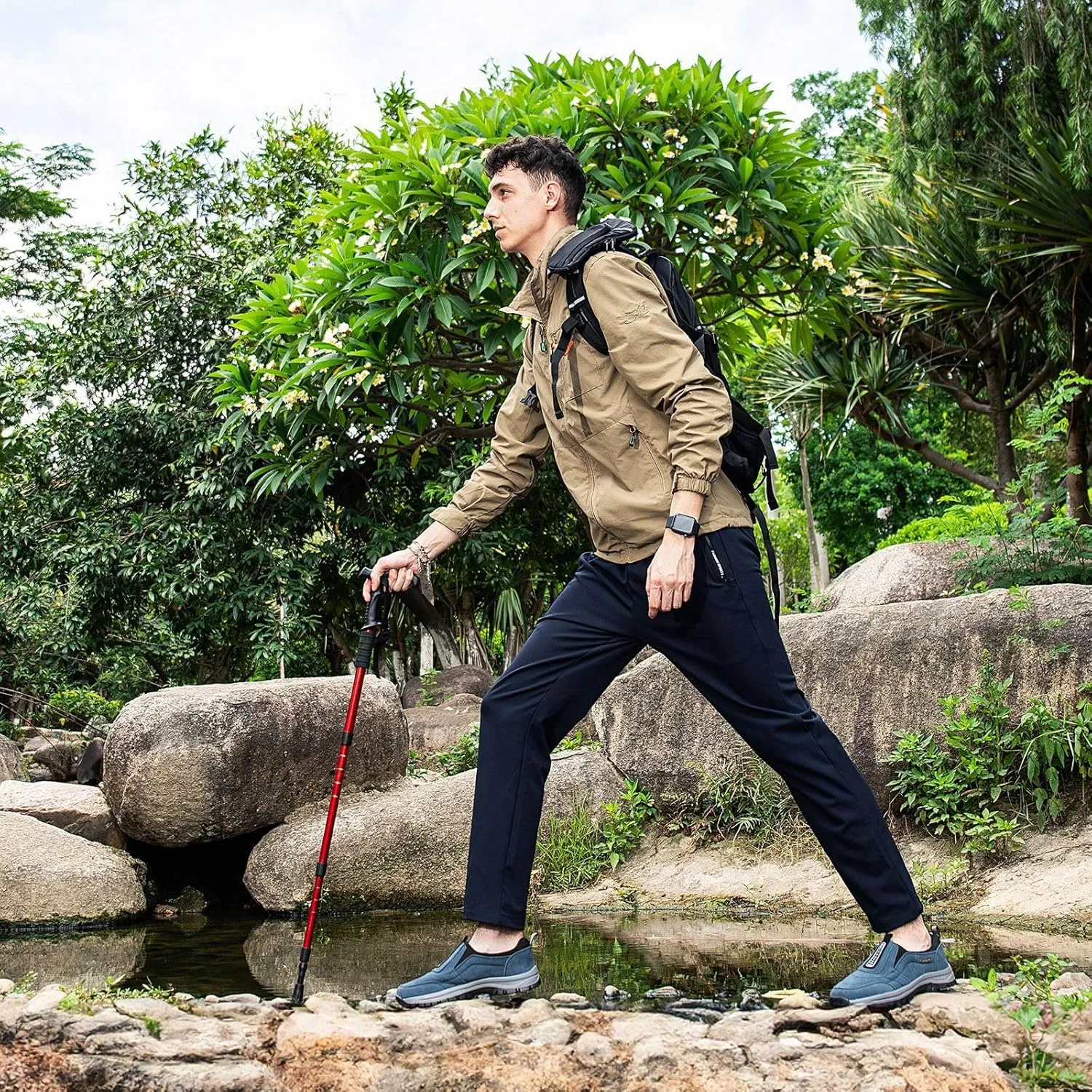Mens Hands Free Slip in Loafers Walking Slip on Leather Casual Comfortable Hiking Shoes All-Terrain Trekking Hiking Shoes Walking Shoes for Men