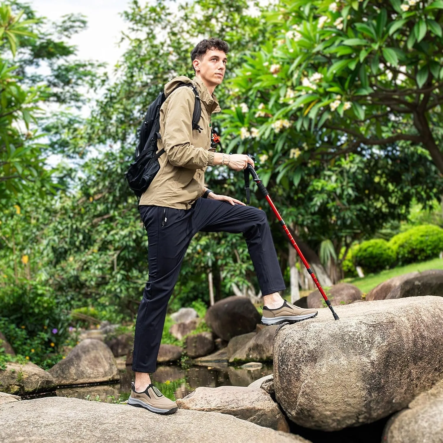 Mens Hands Free Slip in Loafers Walking Slip on Leather Casual Comfortable Hiking Shoes All-Terrain Trekking Hiking Shoes Walking Shoes for Men
