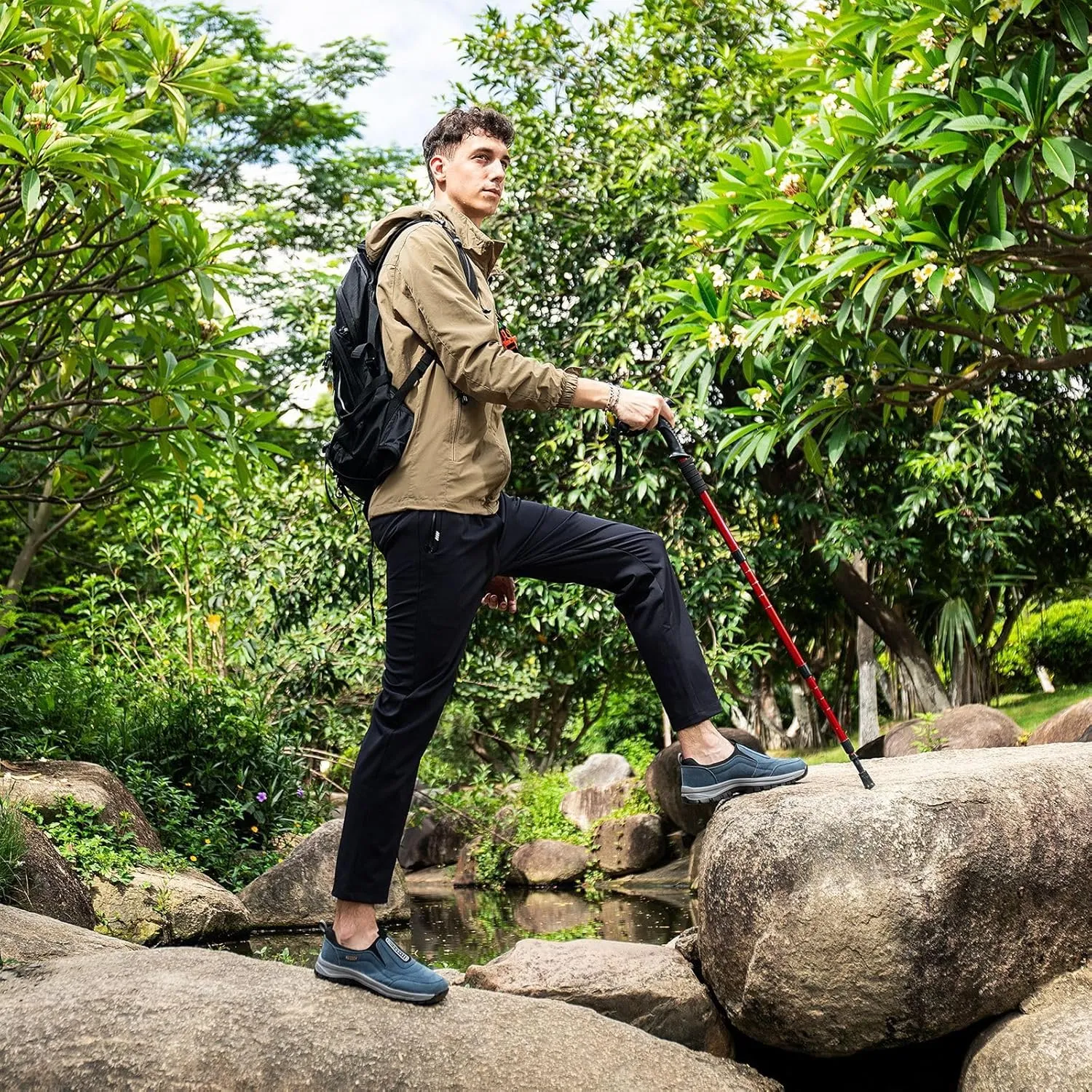 Mens Hands Free Slip in Loafers Walking Slip on Leather Casual Comfortable Hiking Shoes All-Terrain Trekking Hiking Shoes Walking Shoes for Men
