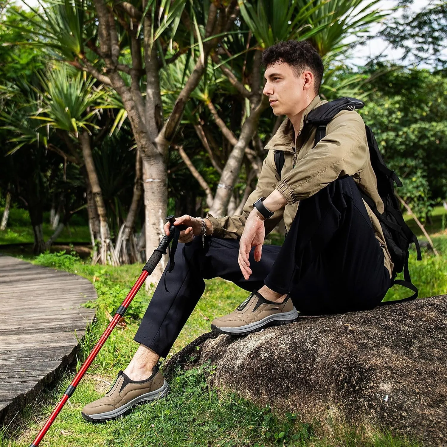 Mens Hands Free Slip in Loafers Walking Slip on Leather Casual Comfortable Hiking Shoes All-Terrain Trekking Hiking Shoes Walking Shoes for Men