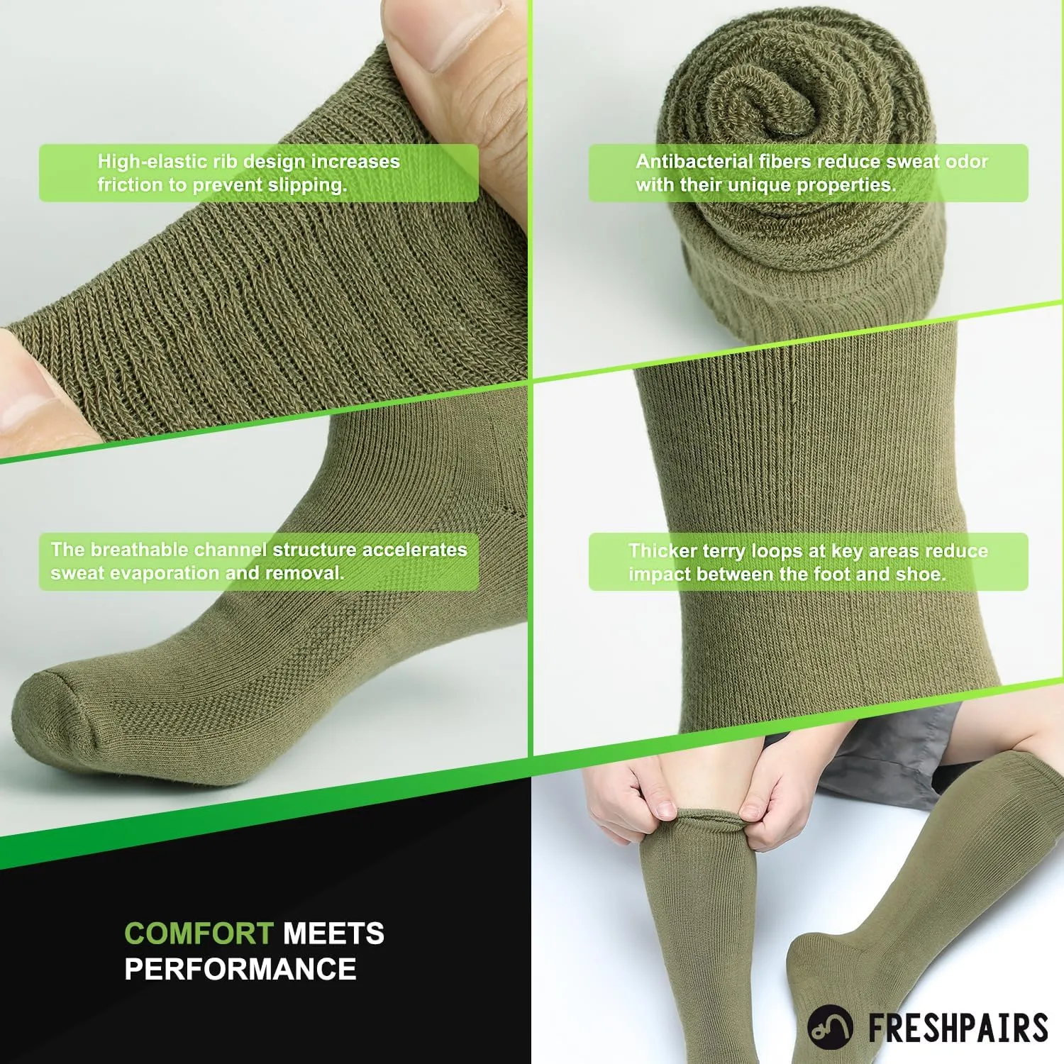 Men's Hiking Socks, Military Green Over the Calf Socks for Hunting and Boots,4 Pack