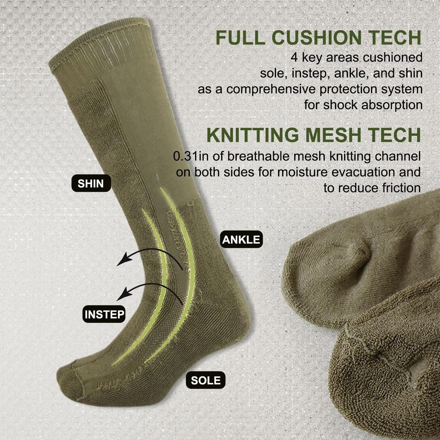 Men's Hiking Socks, Military Green Over the Calf Socks for Hunting and Boots,4 Pack