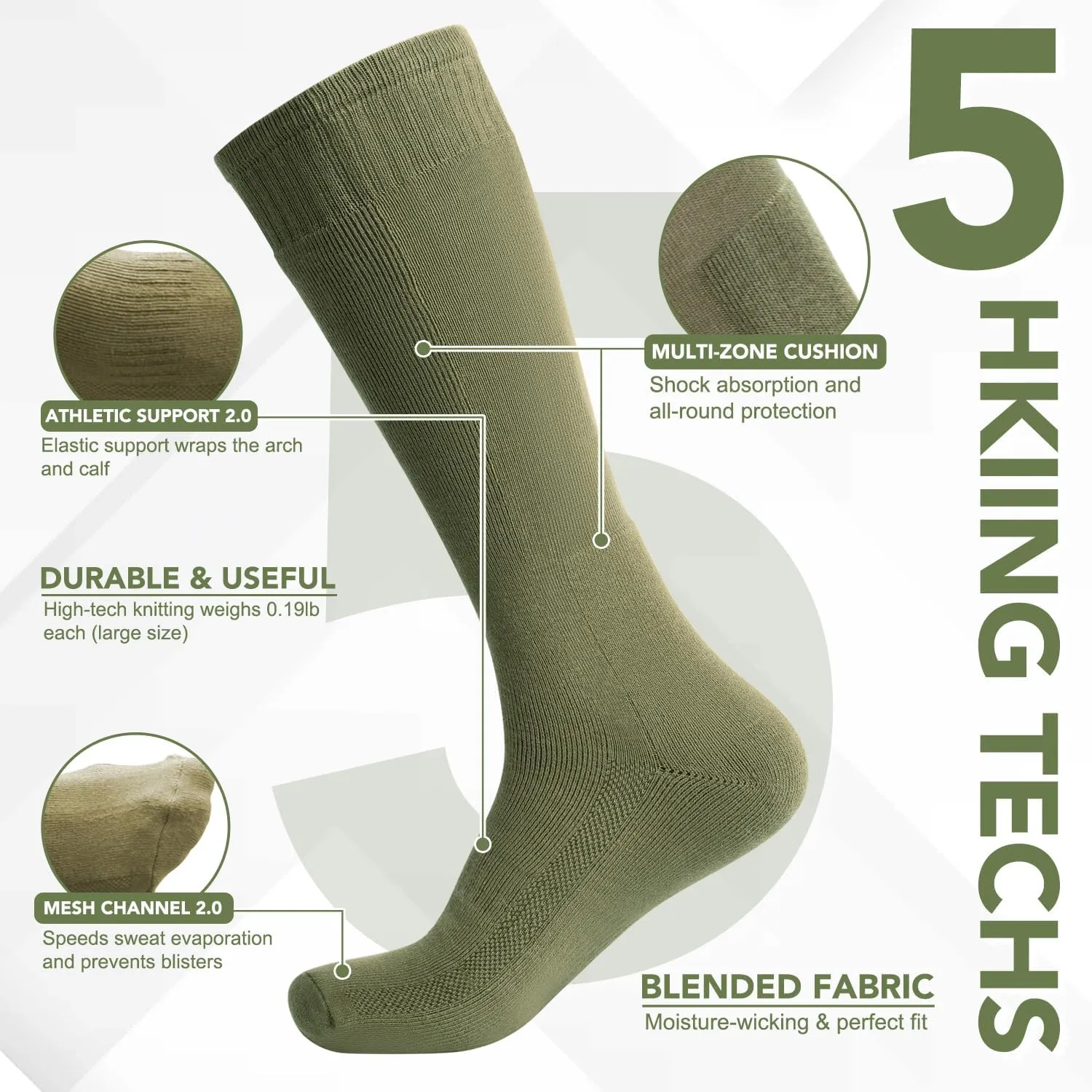 Men's Hiking Socks, Military Green Over the Calf Socks for Hunting and Boots,4 Pack