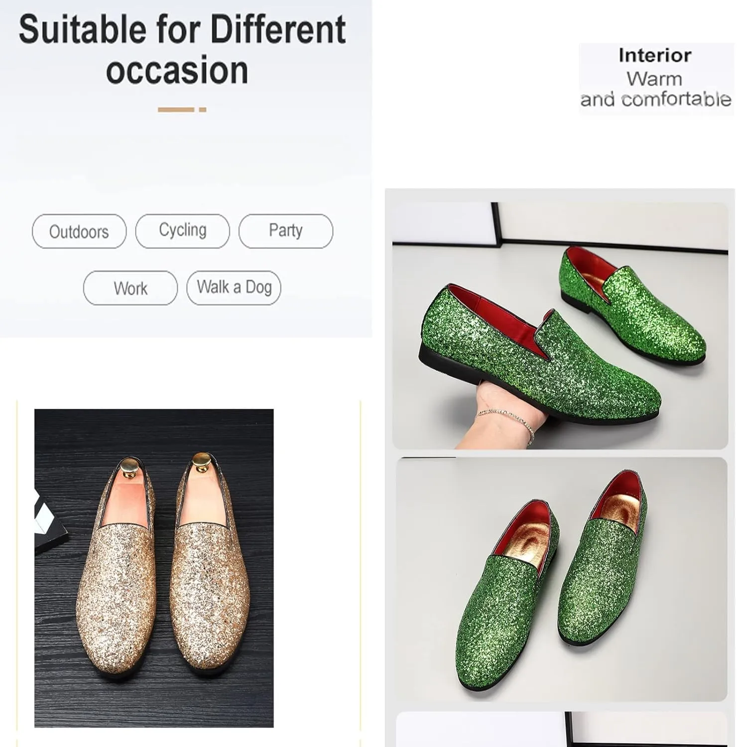 Men's Leather British Fashion Pointed Toe Sequined Loafers,Metallic Luxury Texture Slip-On Glitter Fashion Casual Dress Shoes