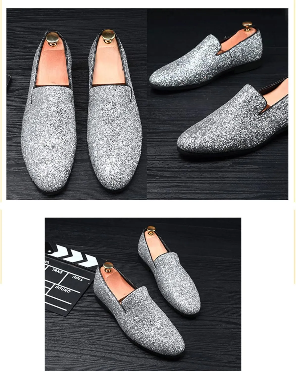Men's Leather British Fashion Pointed Toe Sequined Loafers,Metallic Luxury Texture Slip-On Glitter Fashion Casual Dress Shoes