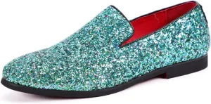 Men's Leather British Fashion Pointed Toe Sequined Loafers,Metallic Luxury Texture Slip-On Glitter Fashion Casual Dress Shoes