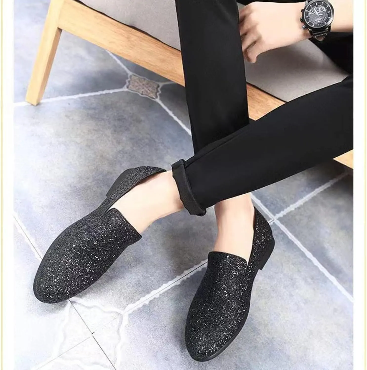 Men's Leather British Fashion Pointed Toe Sequined Loafers,Metallic Luxury Texture Slip-On Glitter Fashion Casual Dress Shoes
