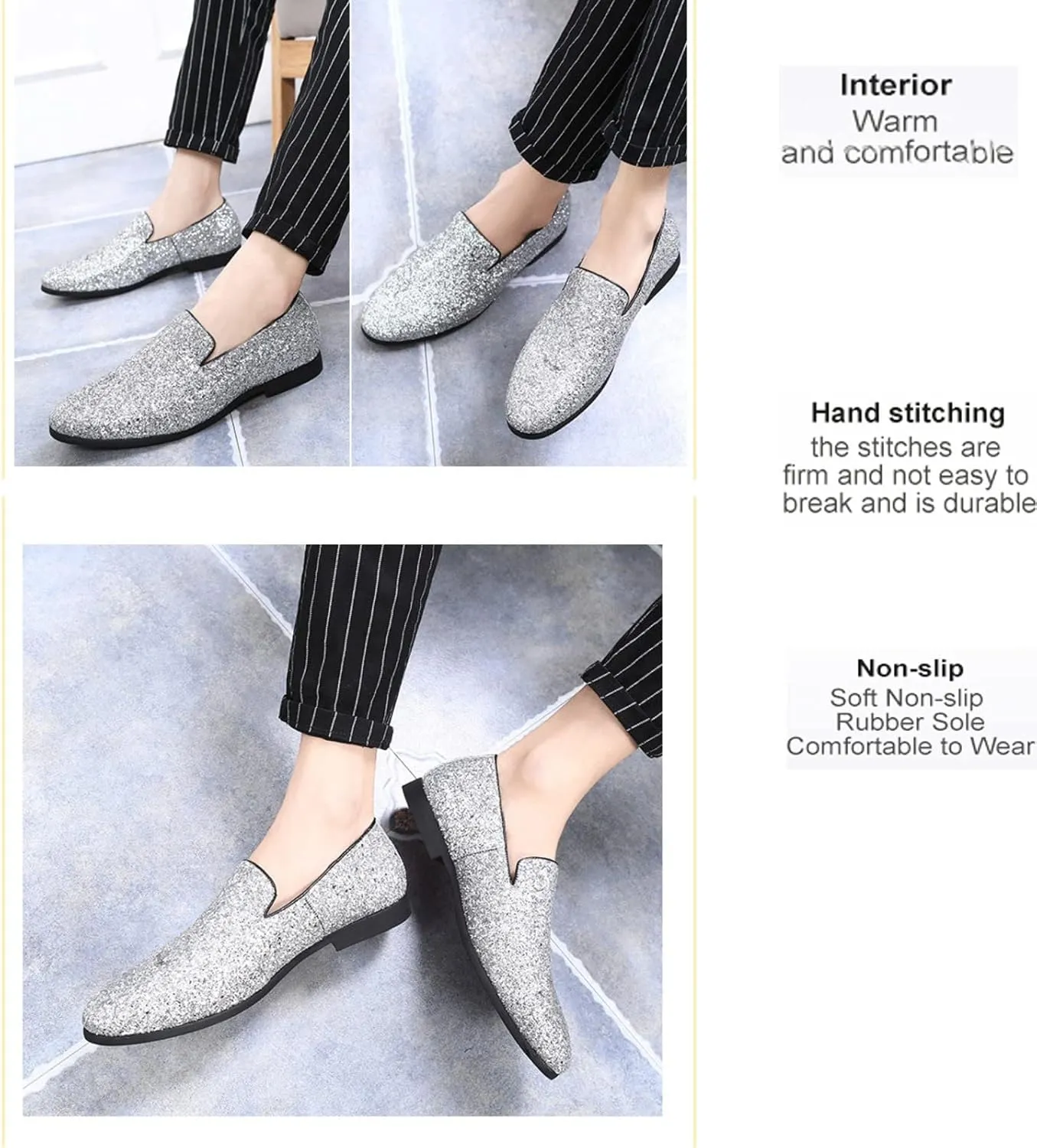 Men's Leather British Fashion Pointed Toe Sequined Loafers,Metallic Luxury Texture Slip-On Glitter Fashion Casual Dress Shoes