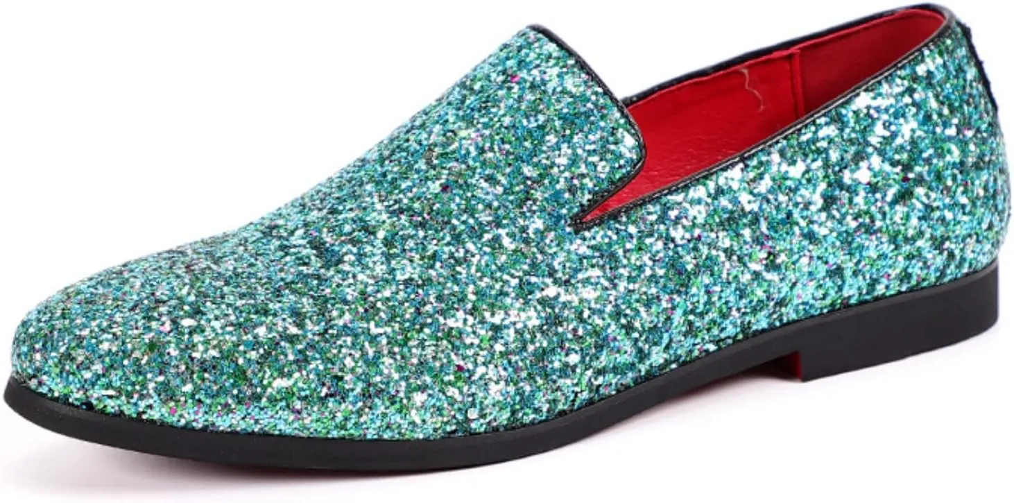 Men's Leather British Fashion Pointed Toe Sequined Loafers,Metallic Luxury Texture Slip-On Glitter Fashion Casual Dress Shoes