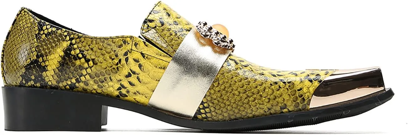 Men's Loafers Silp On Gold Dress Casual Metal Square Toe Genuine Leather Topaz Chain Snakeskin Texture Penny Loafers Prom Wedding Western Moccasins Fashion Tuxedo Party Disco Shoes