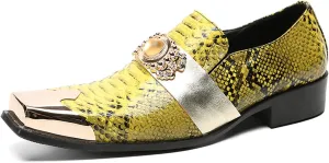 Men's Loafers Silp On Gold Dress Casual Metal Square Toe Genuine Leather Topaz Chain Snakeskin Texture Penny Loafers Prom Wedding Western Moccasins Fashion Tuxedo Party Disco Shoes