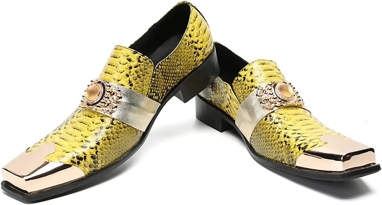 Men's Loafers Silp On Gold Dress Casual Metal Square Toe Genuine Leather Topaz Chain Snakeskin Texture Penny Loafers Prom Wedding Western Moccasins Fashion Tuxedo Party Disco Shoes