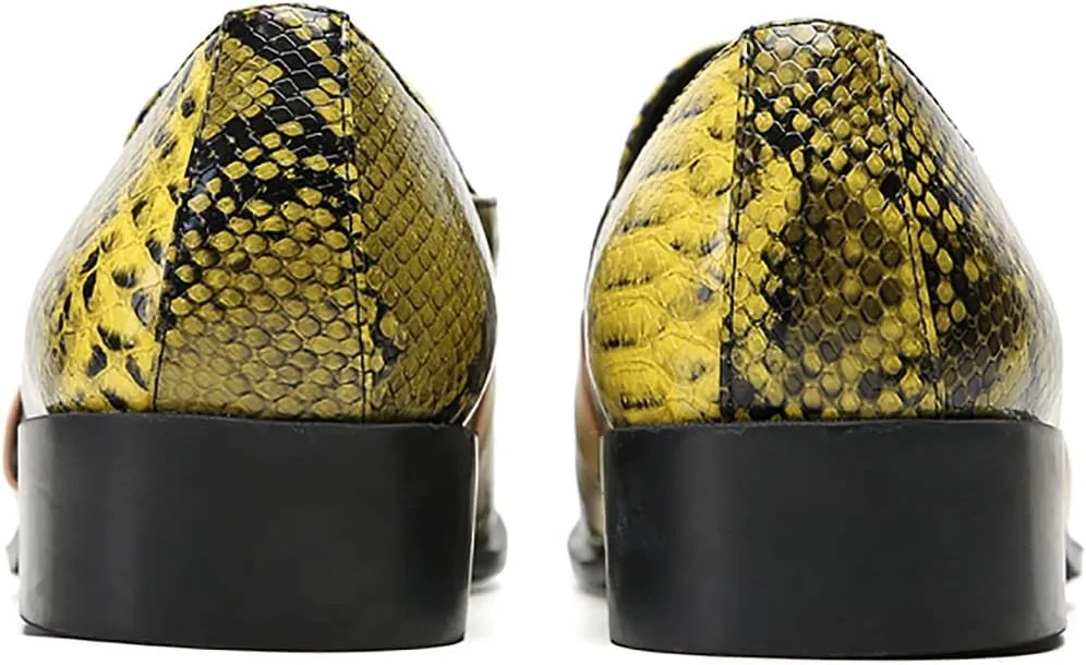 Men's Loafers Silp On Gold Dress Casual Metal Square Toe Genuine Leather Topaz Chain Snakeskin Texture Penny Loafers Prom Wedding Western Moccasins Fashion Tuxedo Party Disco Shoes