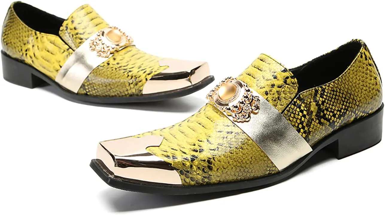 Men's Loafers Silp On Gold Dress Casual Metal Square Toe Genuine Leather Topaz Chain Snakeskin Texture Penny Loafers Prom Wedding Western Moccasins Fashion Tuxedo Party Disco Shoes