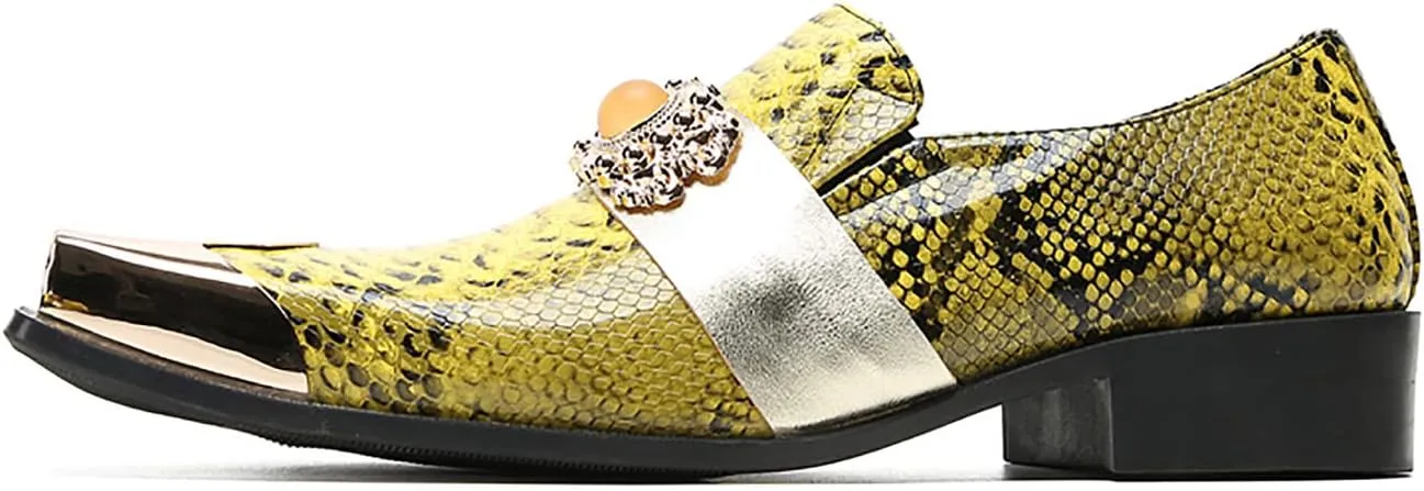 Men's Loafers Silp On Gold Dress Casual Metal Square Toe Genuine Leather Topaz Chain Snakeskin Texture Penny Loafers Prom Wedding Western Moccasins Fashion Tuxedo Party Disco Shoes