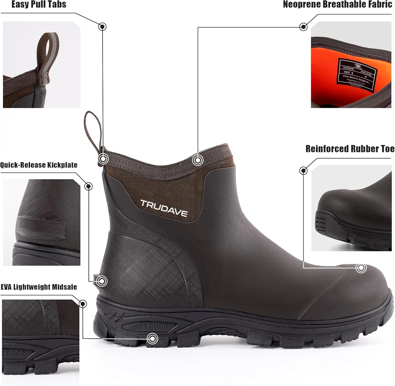 Men's Rain Boots Waterproof Garden Shoes, Ankle Rubber Work Boots, Camp Outdoor Snow Mud Boots for Farming, Hunting, Lawn Work, Size 7-14