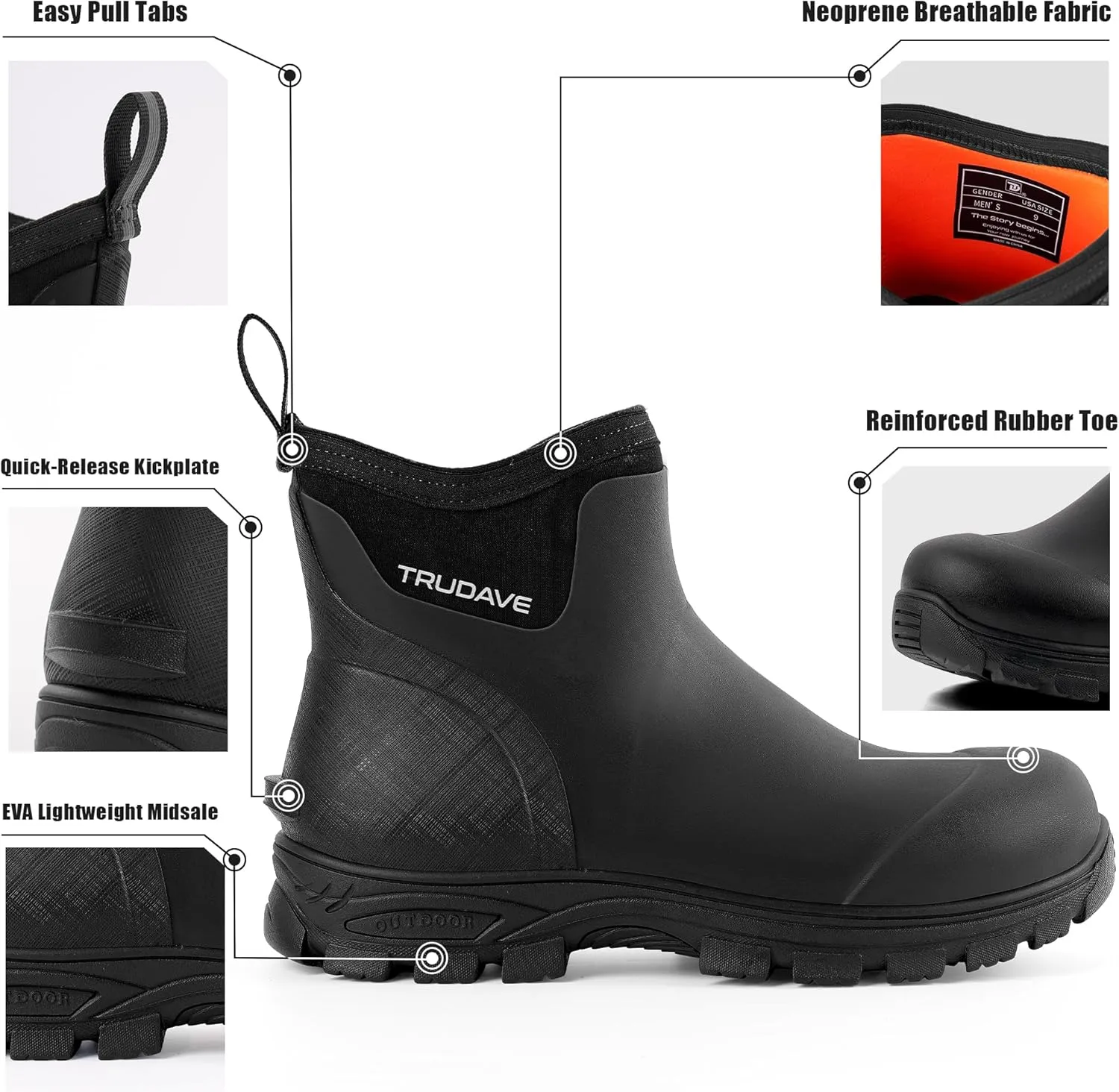 Men's Rain Boots Waterproof Garden Shoes, Ankle Rubber Work Boots, Camp Outdoor Snow Mud Boots for Farming, Hunting, Lawn Work, Size 7-14