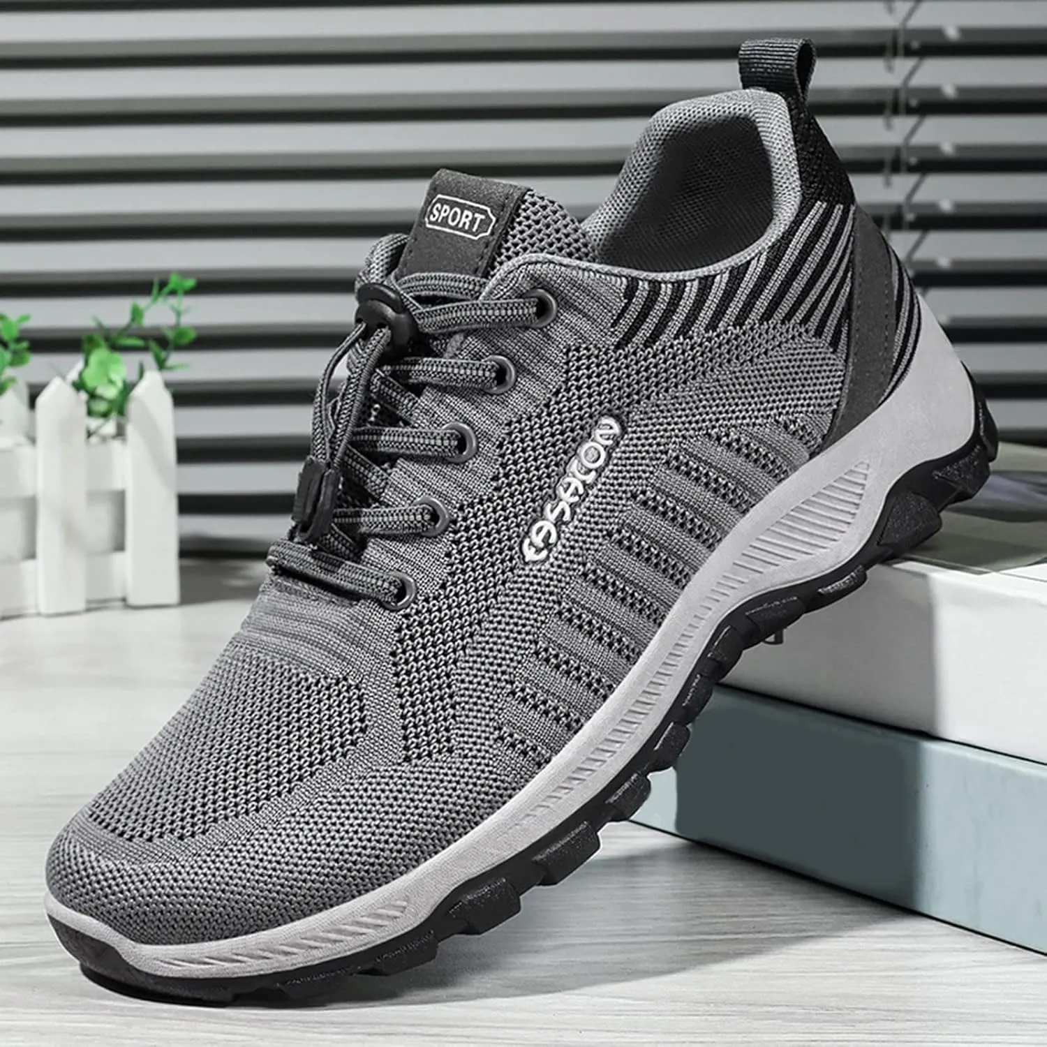 Mens Walking Shoes Lightweight Breathable Mesh Slip On Running Shoes Comfortable Fashion Arch Support Sneakers Workout Casual Sports Shoe with Adujustable Lace for Men Daily Wear