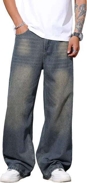 Mens Wide Leg Baggy Jeans Y2k Casual Fashion Loose Denim Pants Work Office Streetwear