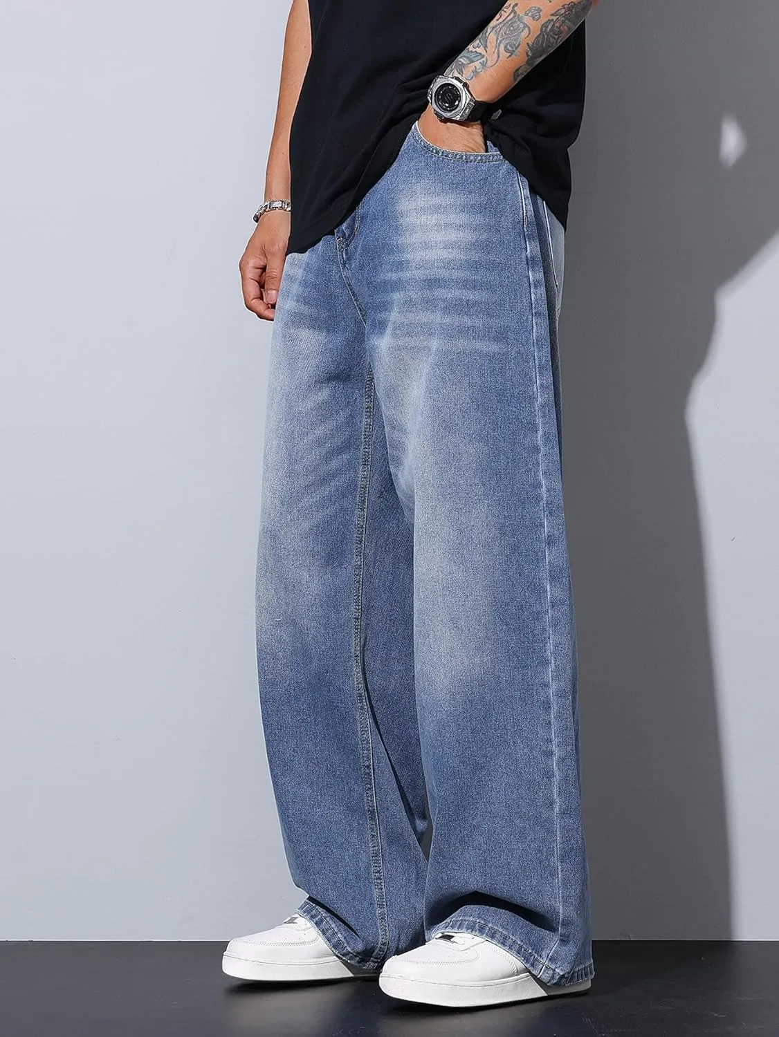 Mens Wide Leg Baggy Jeans Y2k Casual Fashion Loose Denim Pants Work Office Streetwear