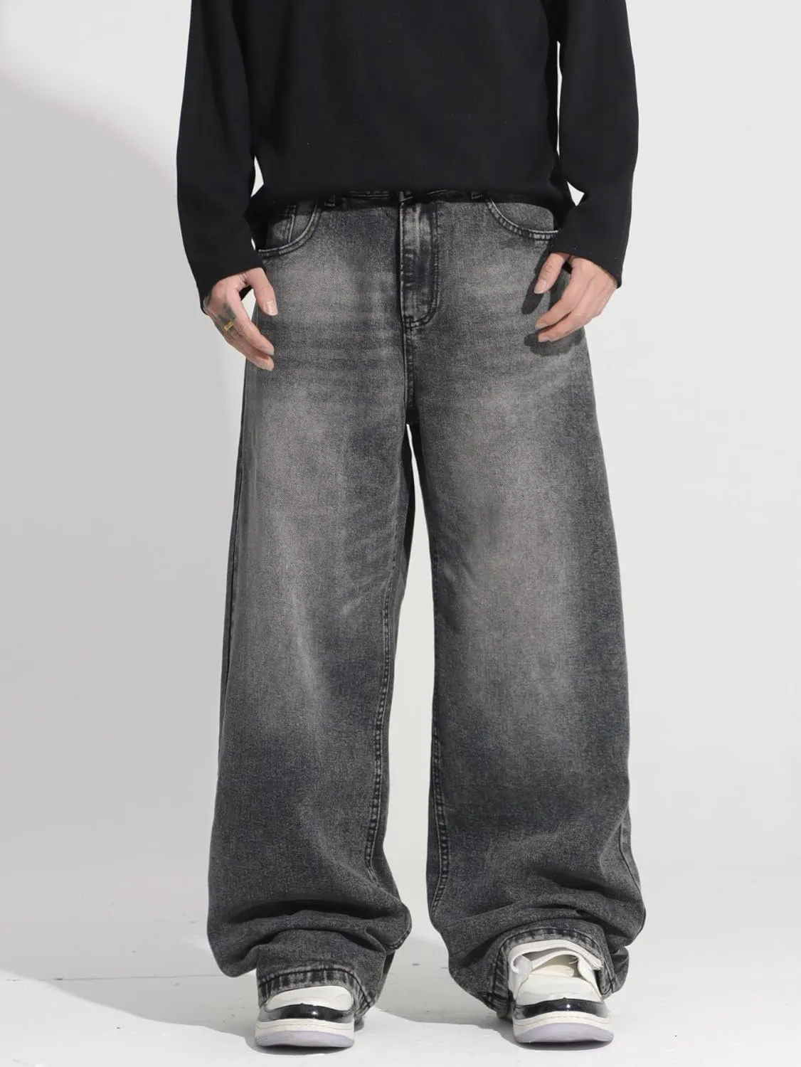 Mens Wide Leg Baggy Jeans Y2k Casual Fashion Loose Denim Pants Work Office Streetwear