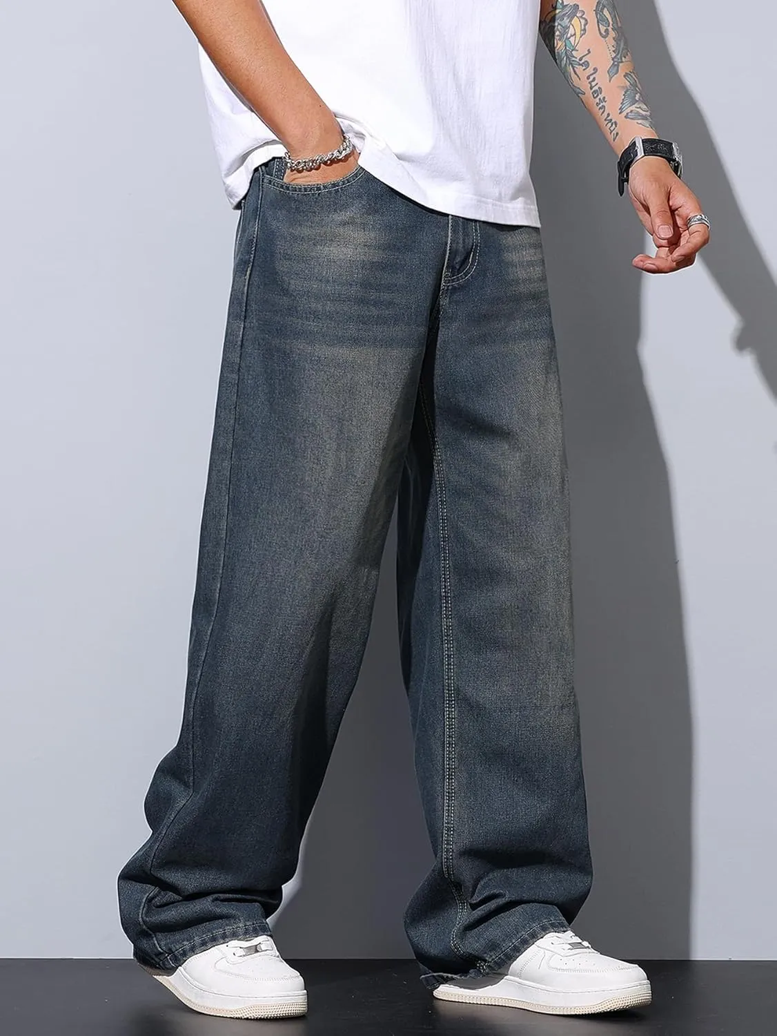 Mens Wide Leg Baggy Jeans Y2k Casual Fashion Loose Denim Pants Work Office Streetwear