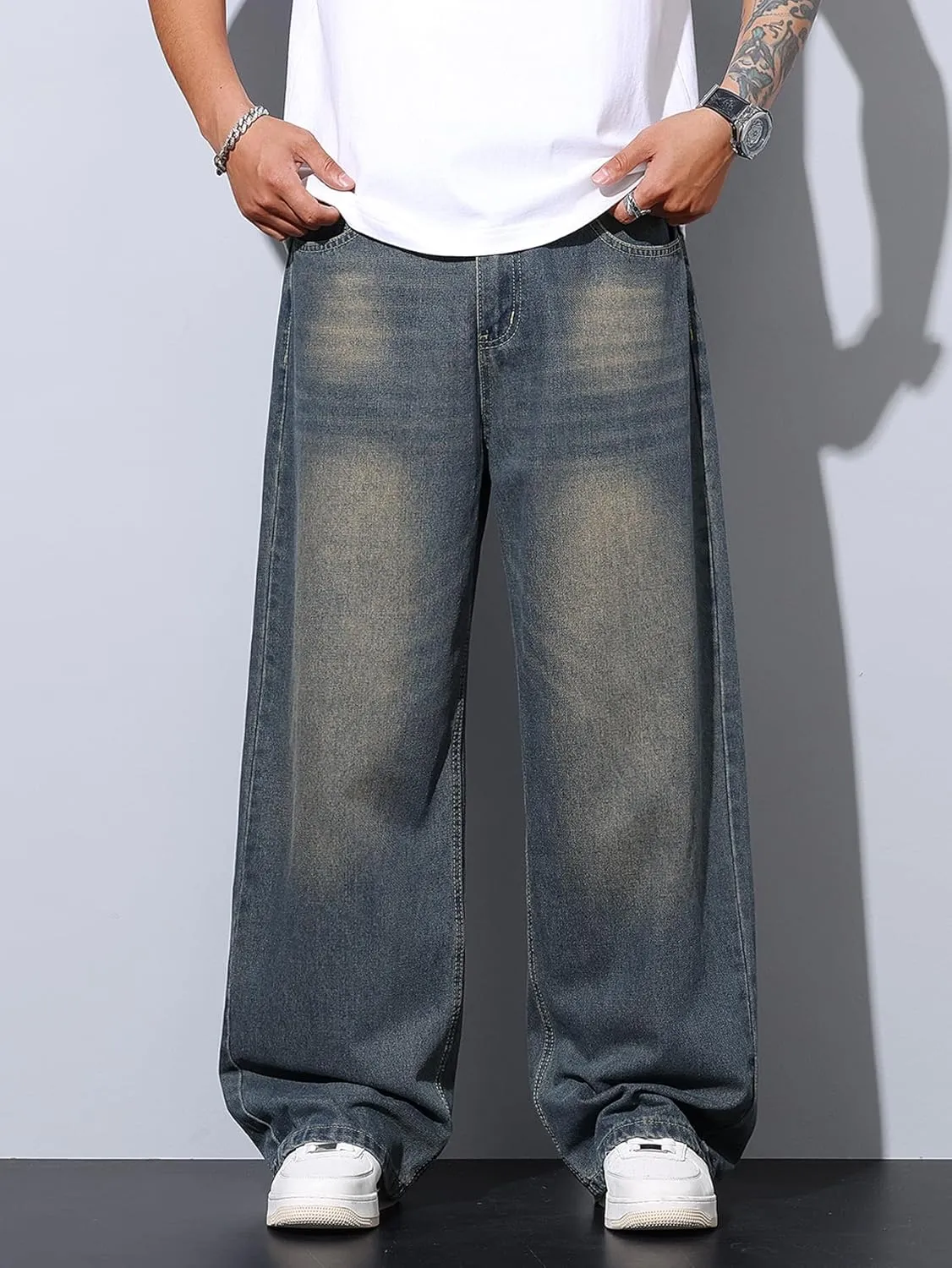 Mens Wide Leg Baggy Jeans Y2k Casual Fashion Loose Denim Pants Work Office Streetwear
