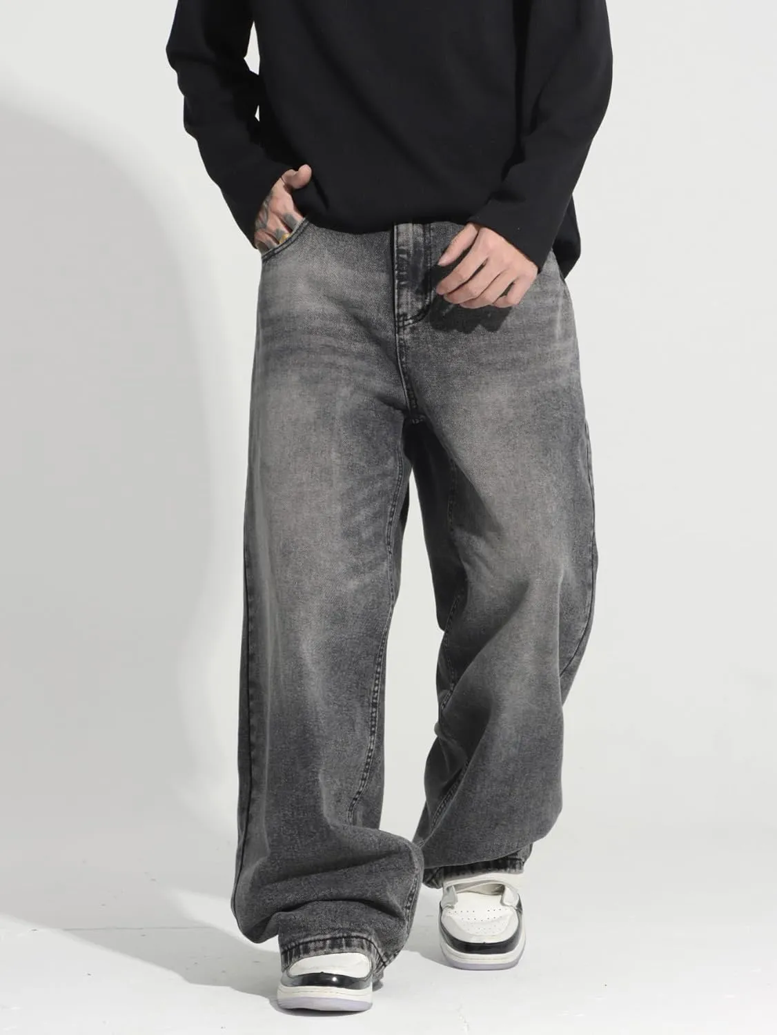 Mens Wide Leg Baggy Jeans Y2k Casual Fashion Loose Denim Pants Work Office Streetwear