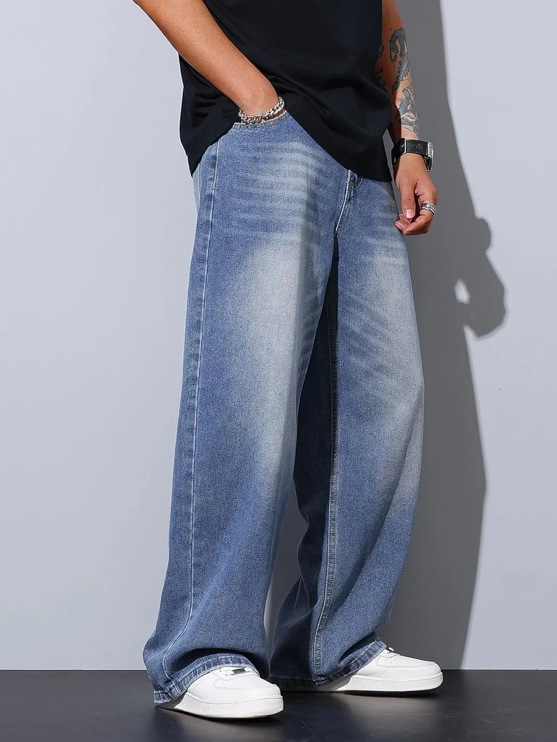 Mens Wide Leg Baggy Jeans Y2k Casual Fashion Loose Denim Pants Work Office Streetwear