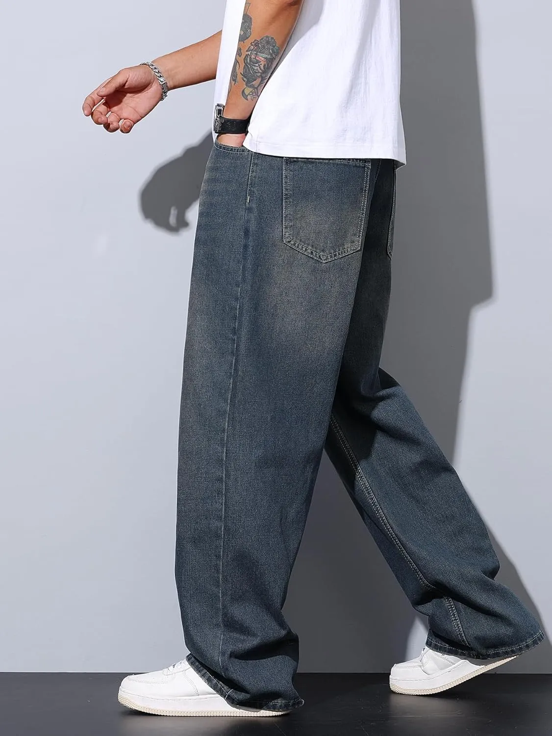 Mens Wide Leg Baggy Jeans Y2k Casual Fashion Loose Denim Pants Work Office Streetwear