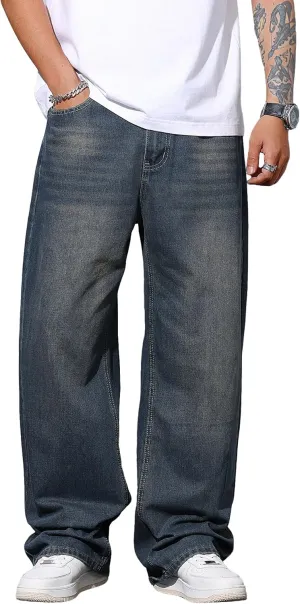Mens Wide Leg Baggy Jeans Y2k Casual Fashion Loose Denim Pants Work Office Streetwear
