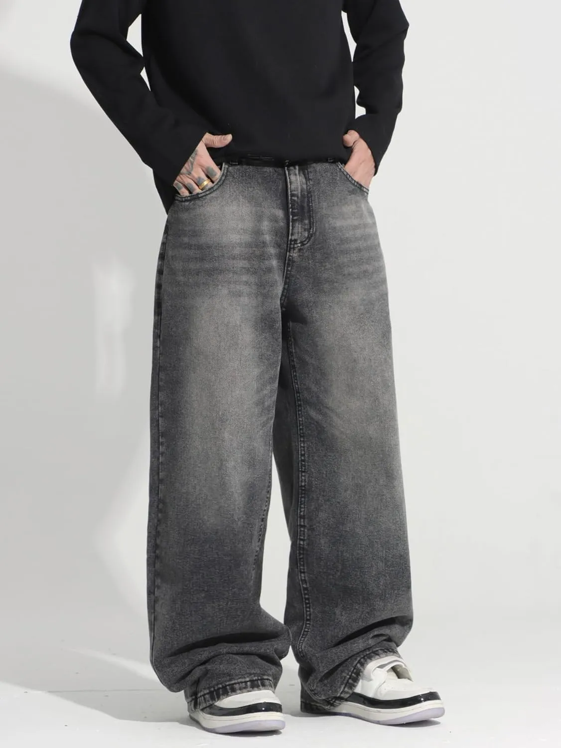 Mens Wide Leg Baggy Jeans Y2k Casual Fashion Loose Denim Pants Work Office Streetwear