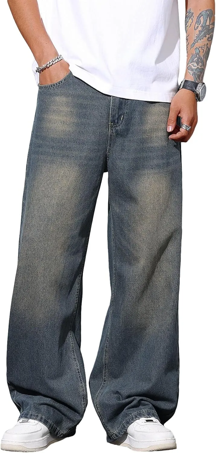 Mens Wide Leg Baggy Jeans Y2k Casual Fashion Loose Denim Pants Work Office Streetwear