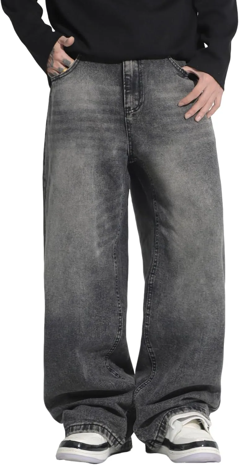 Mens Wide Leg Baggy Jeans Y2k Casual Fashion Loose Denim Pants Work Office Streetwear