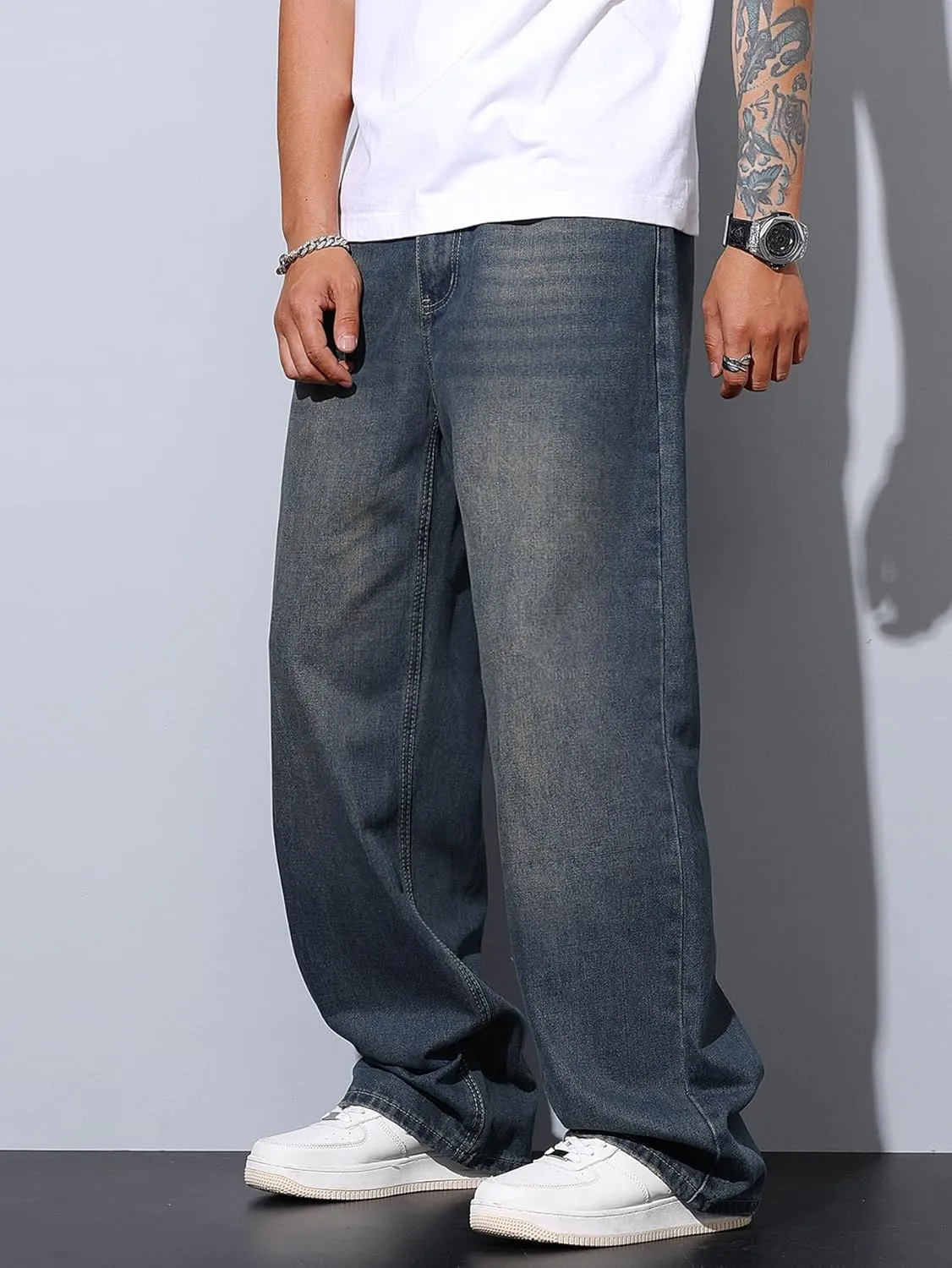 Mens Wide Leg Baggy Jeans Y2k Casual Fashion Loose Denim Pants Work Office Streetwear