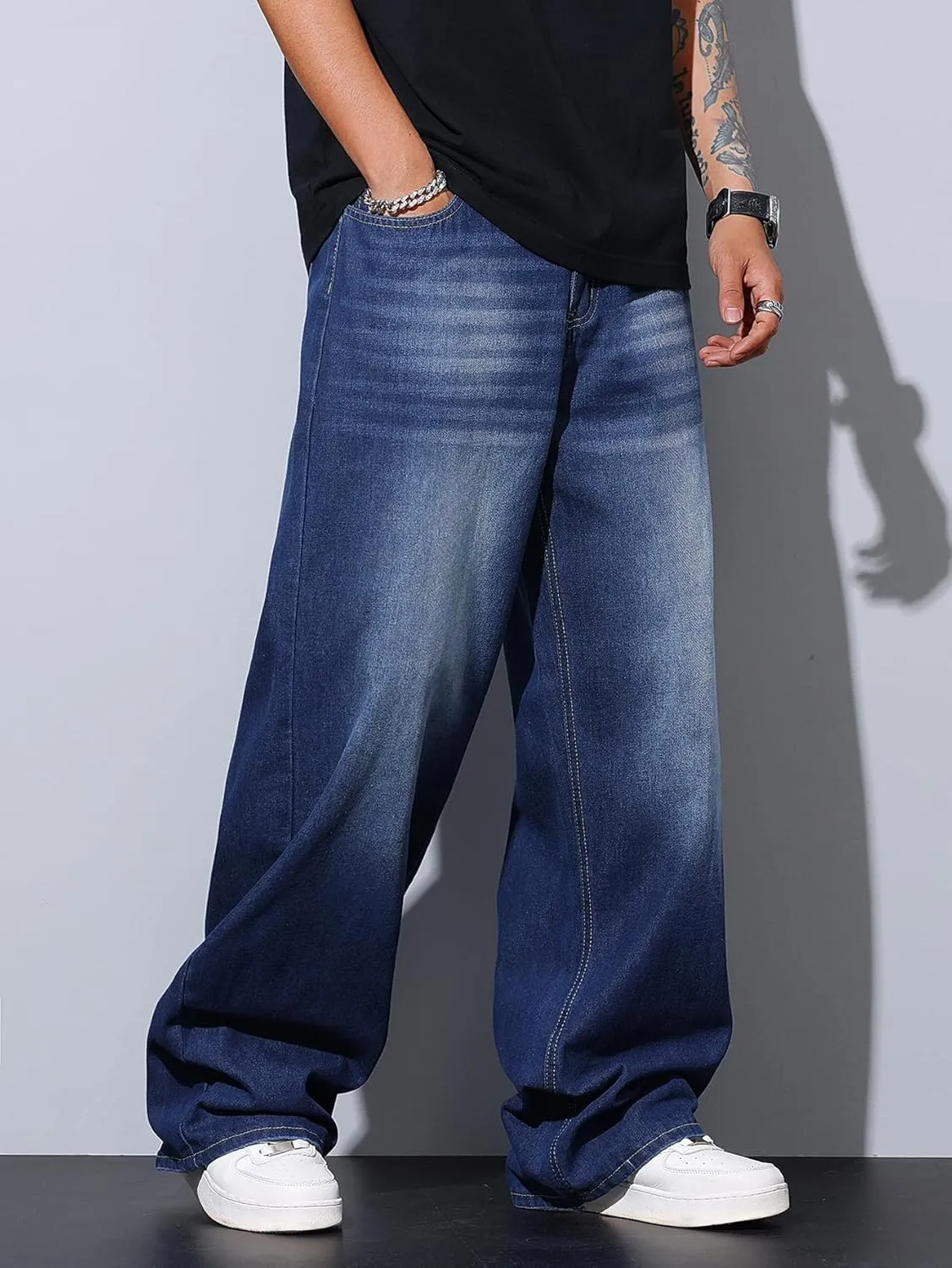 Mens Wide Leg Baggy Jeans Y2k Casual Fashion Loose Denim Pants Work Office Streetwear
